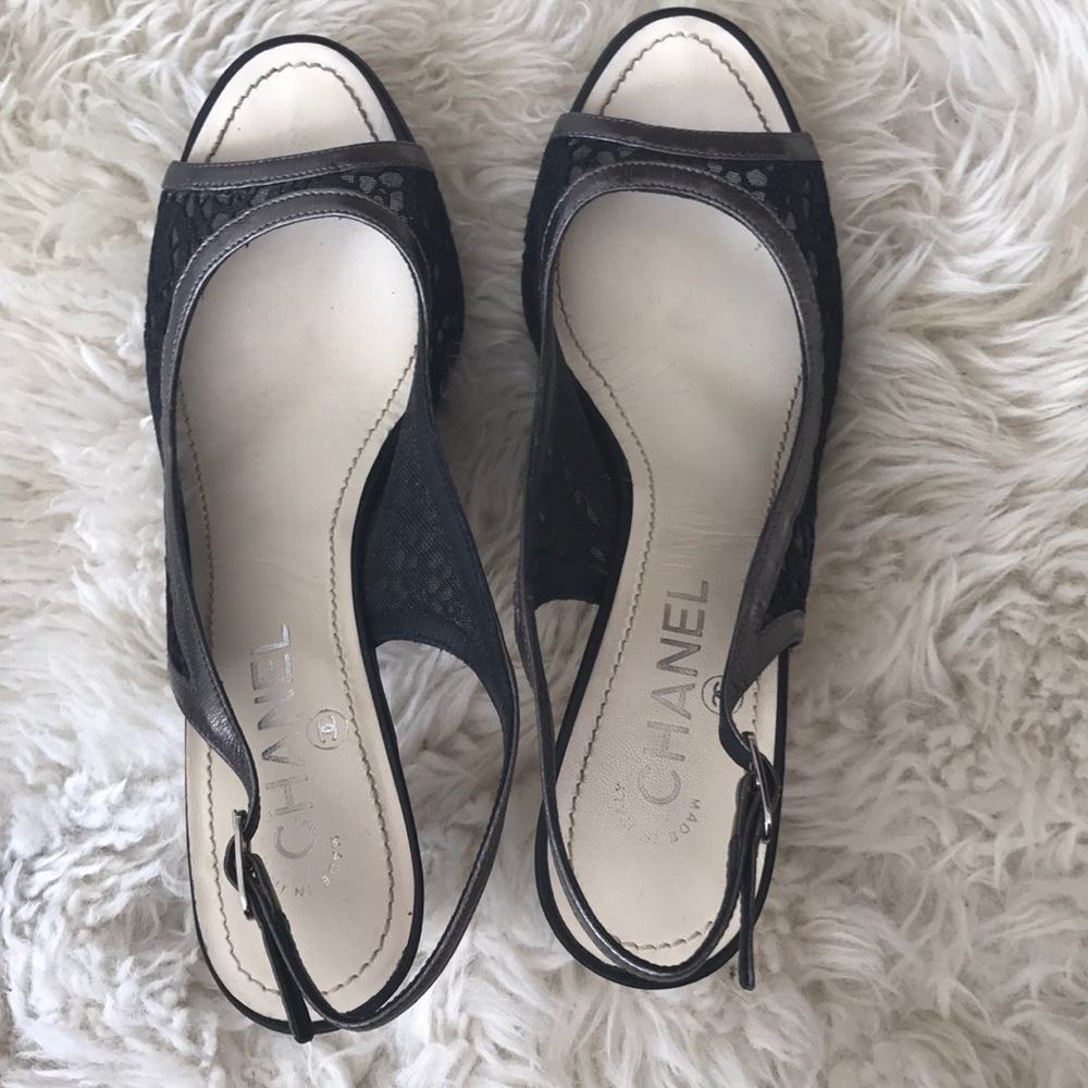 Chanel black peep toe sling back heels size 38